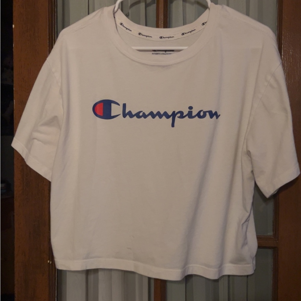 Champion White Tee with Blue Script and Red Emblem